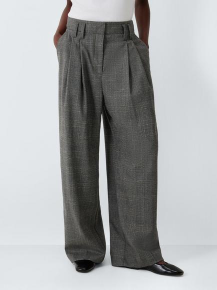 John Lewis Pleat Check Wool Blend Trousers, Check, Grey