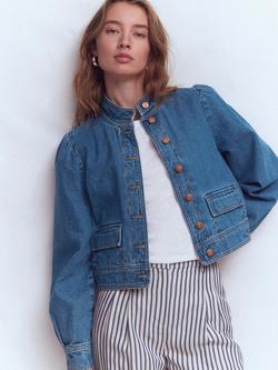 Boden Topstitch Boxy Denim Jacket, Mid Blue, Mid Blue