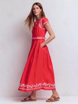 Boden Arabella Embroidered Pure Linen Midi Dress, Red/Multi, Red/Multi