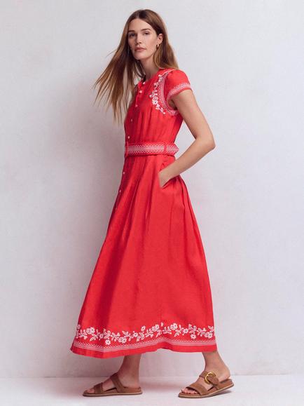 Boden Arabella Embroidered Pure Linen Midi Dress, Red/Multi, Red/Multi