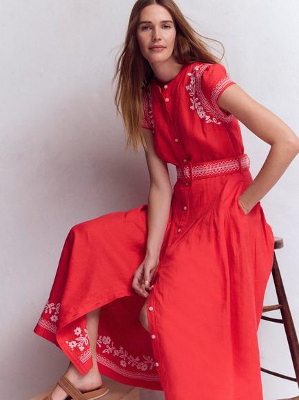 Boden Arabella Embroidered Pure Linen Midi Dress, Red/Multi - view 2, Red/Multi