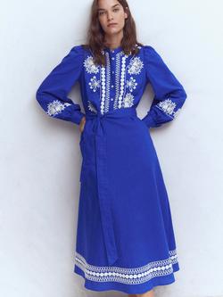 Boden Ava Embroidered Linen Rich Midi Dress, Blue/Multi, Blue/Multi