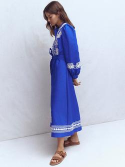Boden Ava Embroidered Linen Rich Midi Dress, Blue/Multi - view 2, Blue/Multi