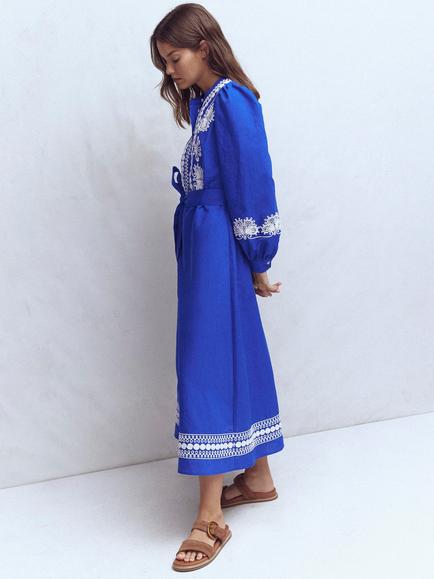 Boden Ava Embroidered Linen Rich Midi Dress, Blue/Multi - view 2, Blue/Multi