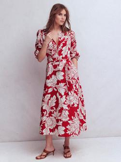 Boden Ava Floral Linen Rich Midi Dress, Salsa/Multi, Salsa/Multi