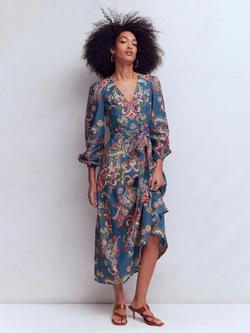 Boden Florence Floral Linen Rich Midi Dress, Blue/Multi, Blue/Multi
