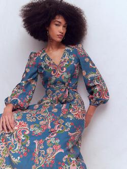 Boden Florence Floral Linen Rich Midi Dress, Blue/Multi - view 2, Blue/Multi