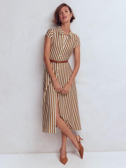 Boden Marcia Stripe Shirt Midi Dress, Cognac/Ivory, Cognac/Ivory