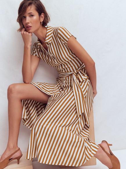 Boden Marcia Stripe Shirt Midi Dress, Cognac/Ivory - view 2, Cognac/Ivory