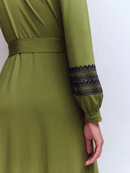 Boden Embroidered Ruffle Jersey Midi Dress, Olive - view 2, Olive
