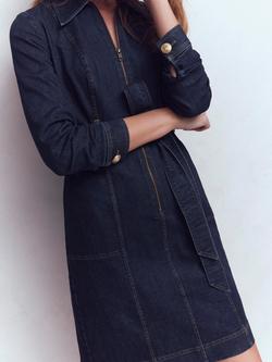 Boden Zip Neck Belted Denim Dress, Indigo - view 2, Indigo