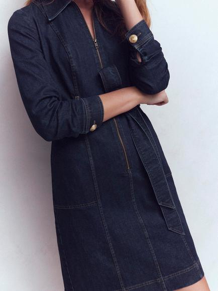 Boden Zip Neck Belted Denim Dress, Indigo - view 2, Indigo