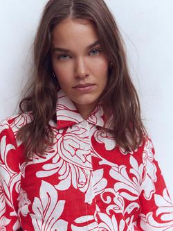 Boden Floral Puff Sleeve Pure Linen Shirt, Salsa/Multi - view 2, Salsa/Multi