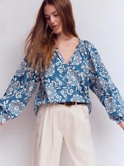 Boden Serena Floral Smocked Cuff Top, Dark Blue/Multi, Dark Blue/Multi