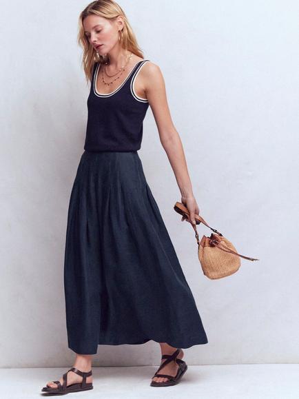 Boden Pleated Pure Linen Midi Skirt, Navy, Navy