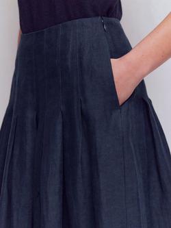 Boden Pleated Pure Linen Midi Skirt, Navy - view 2, Navy