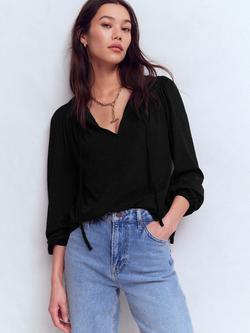 Boden Edi Lace Trim Tie Neck Top, Black, Black