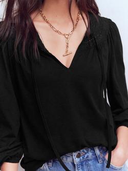 Boden Edi Lace Trim Tie Neck Top, Black - view 2, Black