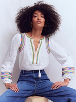Boden Notch Neck Embroidered Top, White/Multi, White/Multi