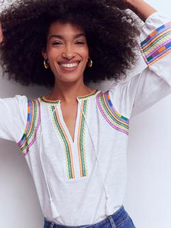 Boden Notch Neck Embroidered Top, White/Multi - view 2, White/Multi