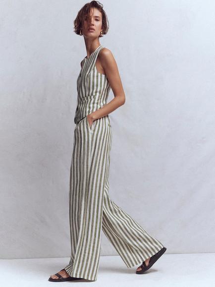 Boden Kensington Stripe Pure Linen Trousers, Mayfly Green, Mayfly Green