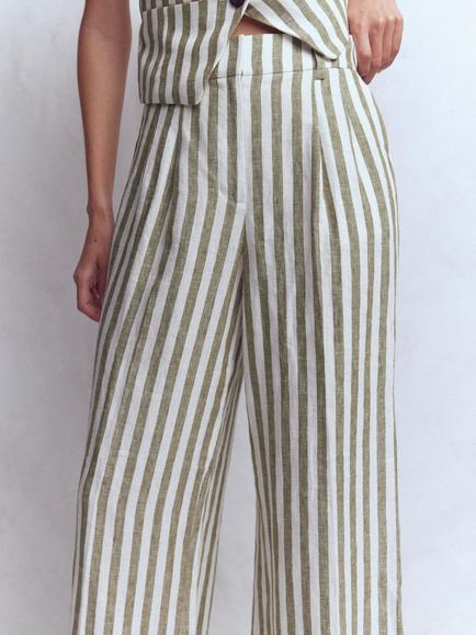 Boden Kensington Stripe Pure Linen Trousers, Mayfly Green - view 2, Mayfly Green