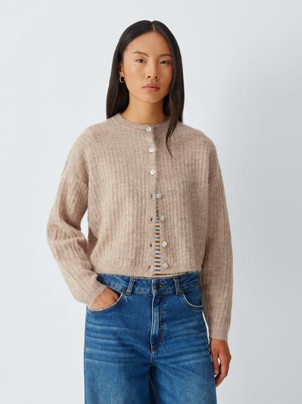 AND/OR Tiggy Fluffy Rib Knit Round Neck Cardigan, Natural