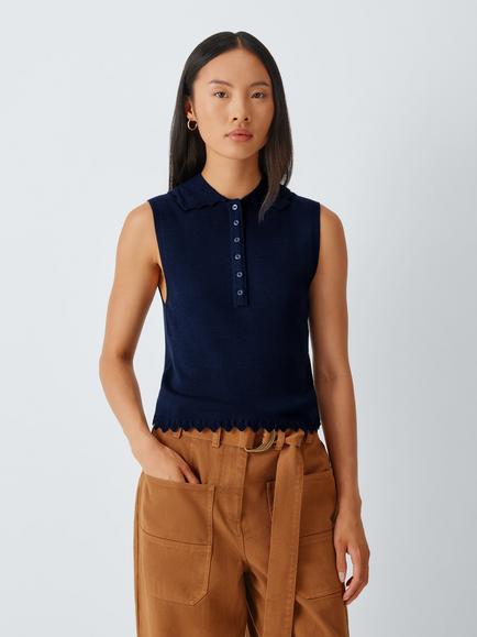 John Lewis Merino Wool Scallop Collar Sleeveless Polo Top, Navy, Navy