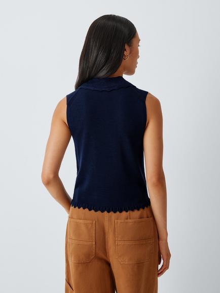 John Lewis Merino Wool Scallop Collar Sleeveless Polo Top, Navy - view 2, Navy