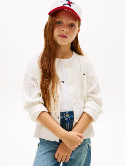 Tommy Hilfiger Kids' Cotton Pointelle Cable Knit Cardigan, White, White