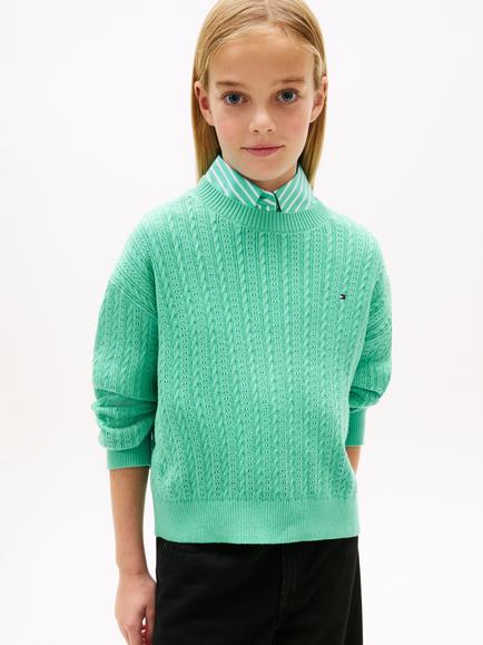 Tommy Hilfiger Kids' Cotton Pointelle Cable Knit Jumper, Bright Green, Bright Green