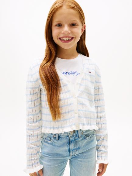 Tommy Hilfiger Kids' Cotton Pointelle Striped Cardigan, White/Blue, White/Blue