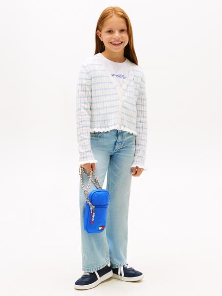Tommy Hilfiger Kids' Cotton Pointelle Striped Cardigan, White/Blue - view 2, White/Blue