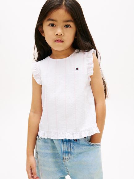 Tommy Hilfiger Kids' Cotton Seersucker Frill Shoulder Top, White, White