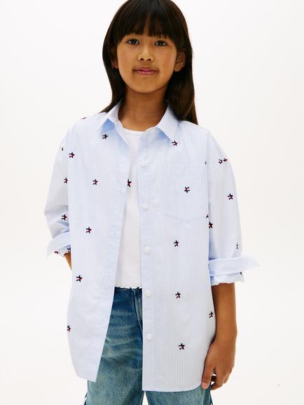 Tommy Hilfiger Kids' Cotton Long Sleeved Embroidered Star Shirt, Light Blue, Light Blue