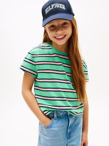 Tommy Hilfiger Kids' Pure Cotton Striped T-Shirt, Green/Pink, Green/Pink