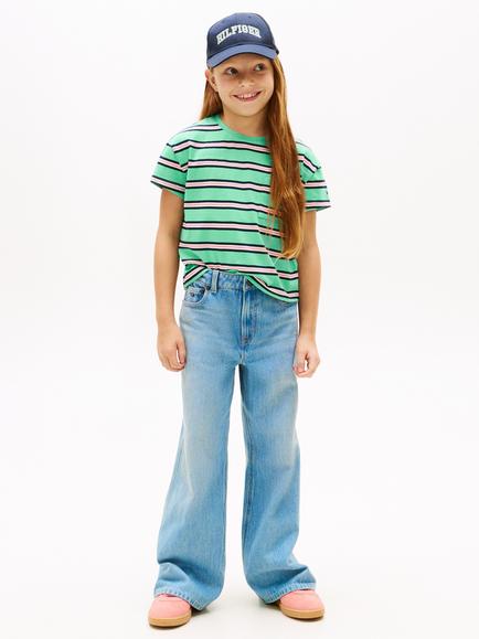 Tommy Hilfiger Kids' Pure Cotton Striped T-Shirt, Green/Pink - view 2, Green/Pink