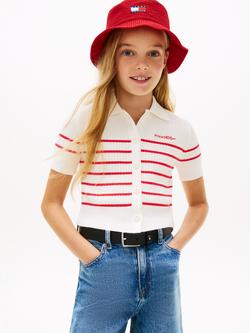 Tommy Hilfiger Kids' Textured Striped Short Sleeve Cardigan, White/Red, White/Red
