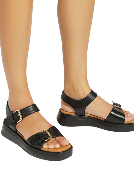 Dune London Licia Wide Fit Chunky Double Buckle Leather Sandals - view 2, Black-leather