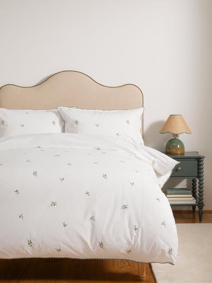 John Lewis Mae Mistletoe Cotton Percale 200 Thread Count Duvet Cover Set, White/Green, Green