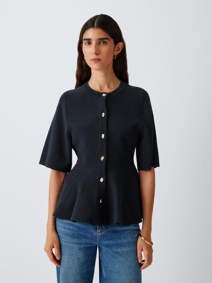 John Lewis Short Sleeve Peplum Cotton Knit Cardigan, Navy, Navy