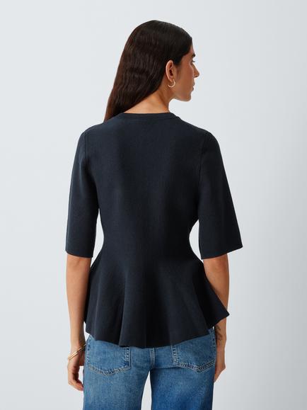 John Lewis Short Sleeve Peplum Cotton Knit Cardigan, Navy - view 2, Navy