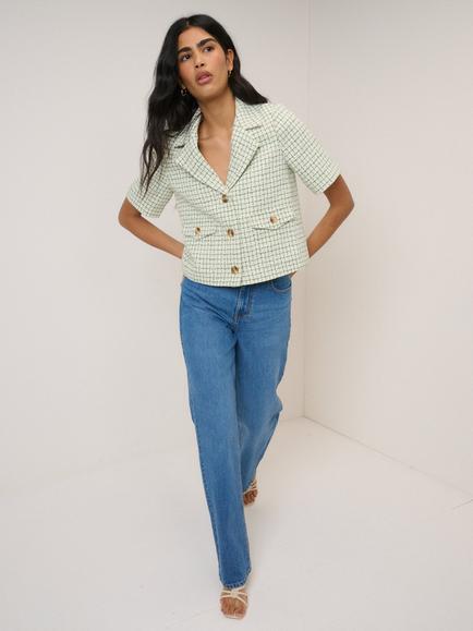 Nobody's Child Petite Louise Boucle Check Short Sleeved Jacket, Green/Cream - view 2, Green/Cream