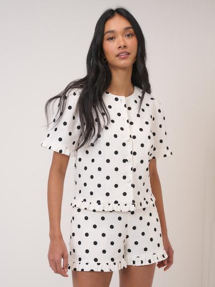 Nobody's Child Petite Louise Polka Dot Linen Blend Top, White/Black - view 2, Cream