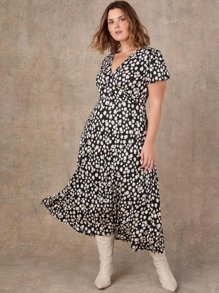 Live Unlimited Petite Ditsy Wrap Front Short Sleeve Midaxi Dress, Black, Black