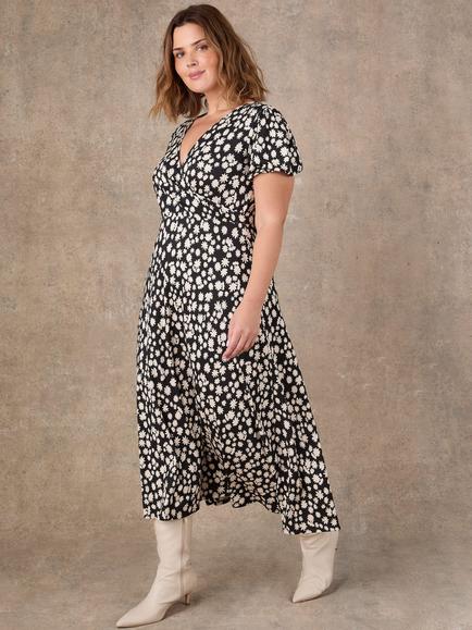 Live Unlimited Petite Ditsy Wrap Front Short Sleeve Midaxi Dress, Black - view 2, Black