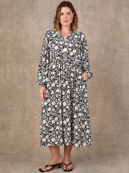 Live Unlimited Tie Detail Floral Midi Dress, Black, Black