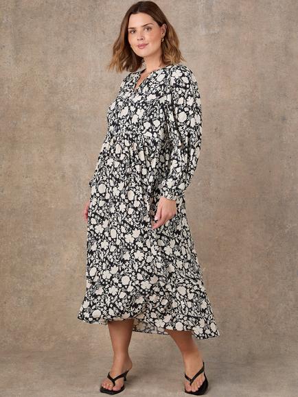 Live Unlimited Tie Detail Floral Midi Dress, Black - view 2, Black