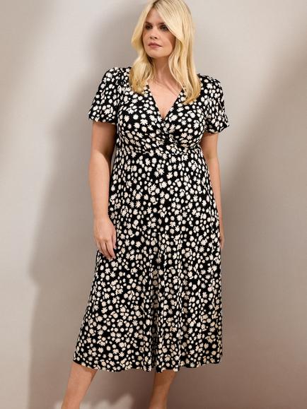 Live Unlimited Ditsy Wrap Front Short Sleeve Midaxi Dress, Black, Black