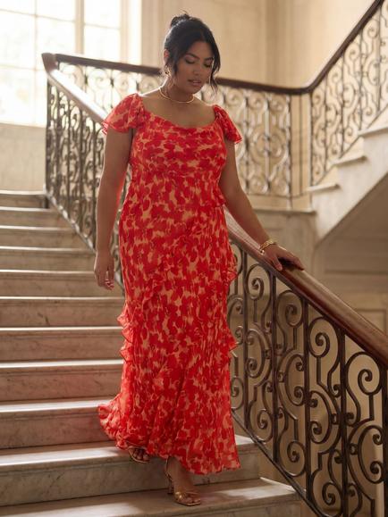 Live Unlimited Floral Ruffle Maxi Dress, Red, Red